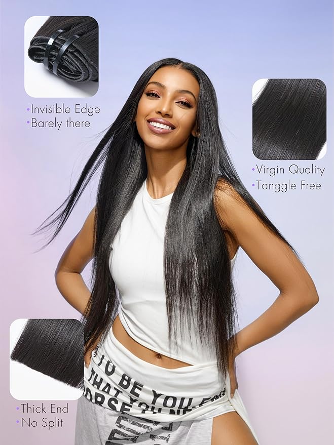 LUVME Invisible Clip in Hair Extensions Real Human Hair, Remy Human Hair Extensions Clip ins for Women, Natural Hair, 22 inch 110g 6Pcs, Natural Black