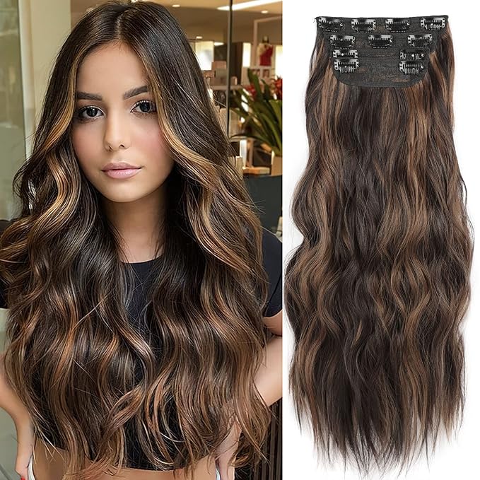 Highlight Clip In Hair Extensions 24 inch Dark Brown for Women Synthetic Clip in Long Wavy Hair Extension Double Weft Hairpieces Full Head For Women (24INCH, H2/426)