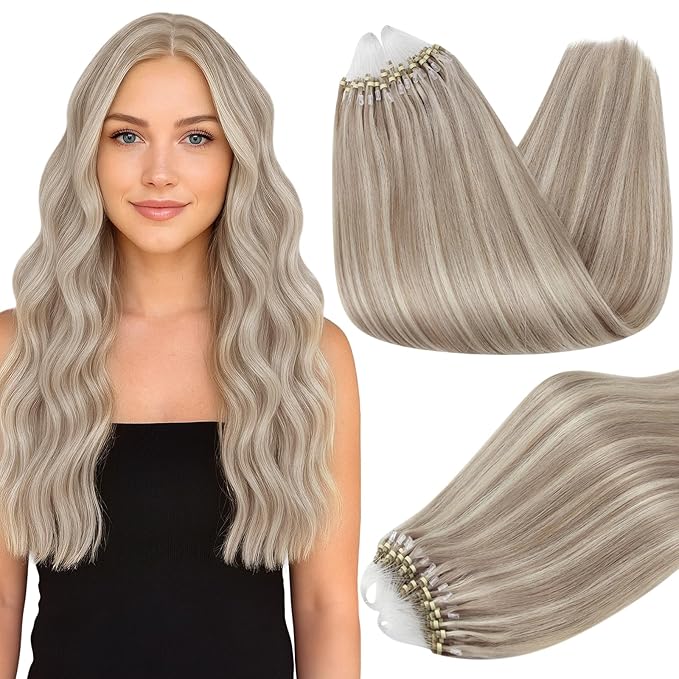 Full Shine Micro Link Hair Extensions Human Hair 24 Inch Straight Remy Hair Color 18/613 Ash Blonde Highlighted Bleach Blonde Micro Loop Hair Extensions 50G with 7G Micro Beads