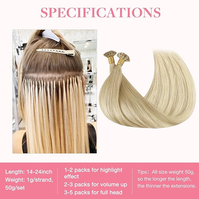 GOO GOO U Tip Hair Extensions Real Human Hair, 20inch 50g 50S, Invisible Remy Hot Fusion U Tip Hair Extensions, 18ET90A Natural Blonde Balayage
