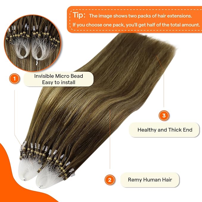 Full Shine Micro Loop Hair Extensions Human Hair 18 Inch 50G with 7G Micro Beads Medium Brown Ombre to Honey Blonde and Brown Micro Ring Hair Extensions Remy Human Hair for Women