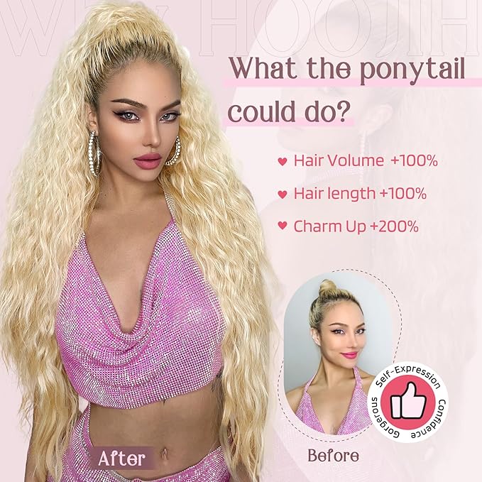 HOOJIH Ponytail Extension, 34 Inch Extra Long Drawstring Ponytail Honey Blonde Pony Tails Hair Extension Flurry Wavy Ponytails Soft Upgraded Synthetic Fiber Fake Ponytail Hairpiece for Women