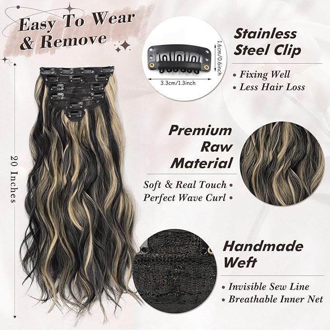 BARSDAR Black Mix Blonde Highlight Clip in Hair Extensions - 20 Inch Beach Wavy Clip in Hair Extensions for Women - 6PCs Thick Soft Synthetic Balayage Hairpieces Daily Party Halloween