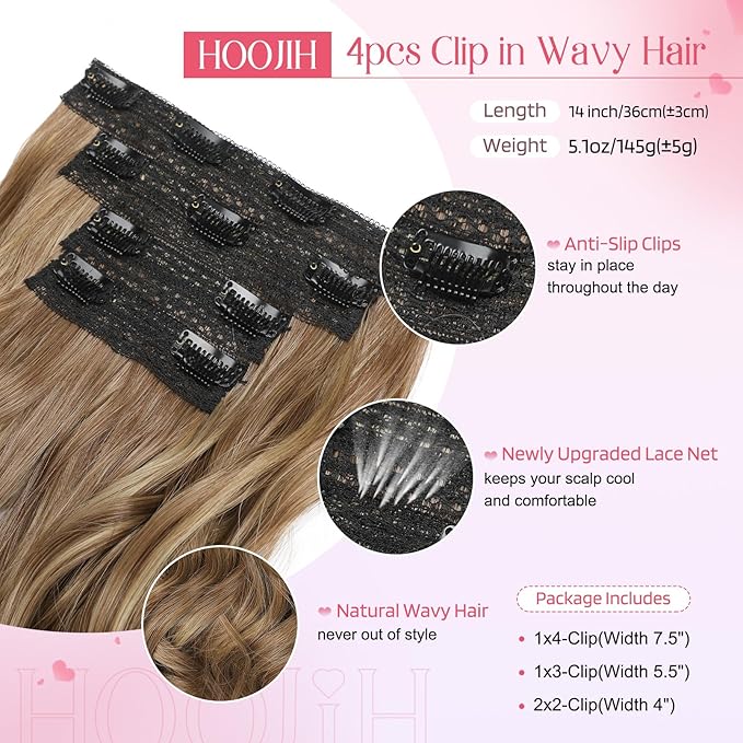 HOOJIH Clip in Hair Extensions 4PCS 14" Short Curly Clip on Hair Extensions Invisible Lace Weft Natural Soft Hairpieces for Women - Light Brown with Blonde Highlights