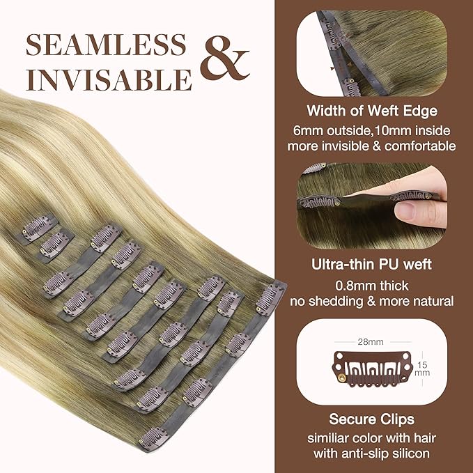 GOO GOO Clip in Hair Extensions Real Human Hair, Remy Human Hair Extensions Clip ins for Women, Natural Human Hair, 14inch 130g 9Pcs, 5A/90/16F Bahamian Balayage