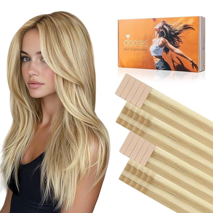DOORES Invisi Edge Human Hair Tape in Extensions, Drity Blonde Highlight Golden Blonde 10 Injection Tape-ins with 10 Classic Tape-ins 50g 16 Inch, Injected Tape in Extensions Straight