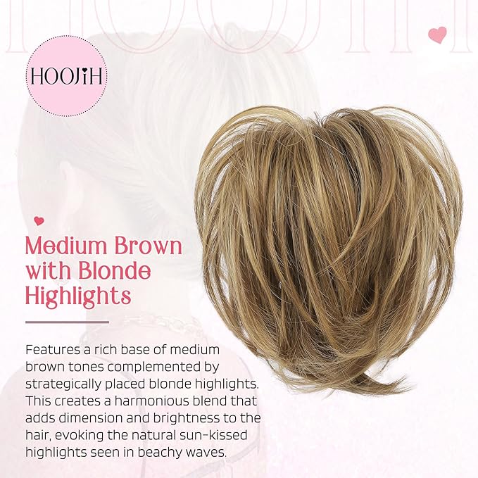 HOOJIH Messy Bun Hair Piece, Claw Clip in Straight Hair Bun 9 Inch Short Ponytail Extension with Bendable Metal Wire Hair Pieces for Women Fake Pony DIY Styles - Medium Brown with Blonde Highlights