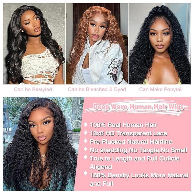 13x6 Deep Wave Lace Front Wigs Human Hair HD Full Lace Frontal Wigs Pre Plucked Bleached Knots 180% Density Deep Curly Human Hair Wig Natural Color 22 Inch