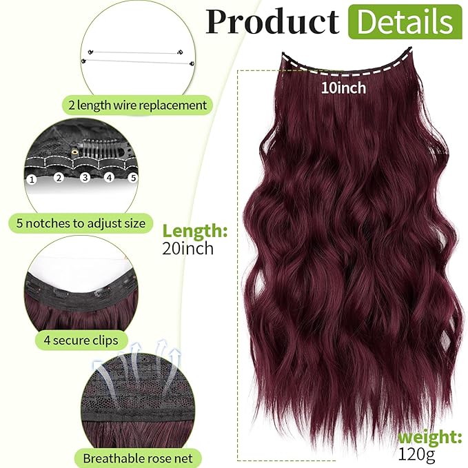 KooKaStyle Invisible Wire Hair Extensions with Transparent Wire Adjustable Size 4 Secure Clips Long Wavy Secret Hairpiece (20 Inch, Burgundy)