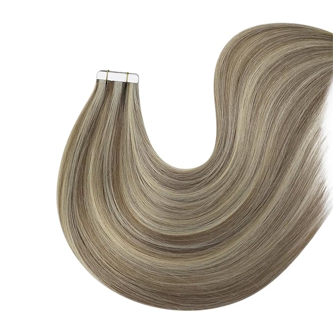 Fshine Tape in Blonde Hair Extensions Tape in Extensions Human Hair Color Ash Brown and Highlighted Platinum Blonde Extensions Tape in 50 g Straight for Women 20 Inch