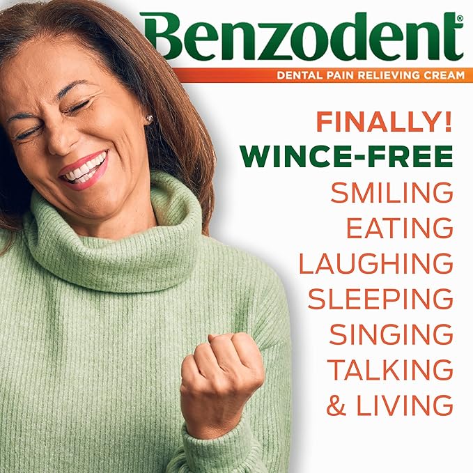 Benzodent Maximum Strength Dental and Oral Pain Relieving Cream for Dentures, Mouth Sores, and Braces, Long lasting Topical Anesthetic, 1oz