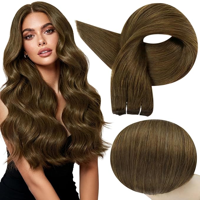 Full Shine Weft Hair Extensions Human Hair Sew In Hair Extensions Remy Weft Color Darker Brown Sew In Extensions 22 Inch 105G Invisible Hair Weft