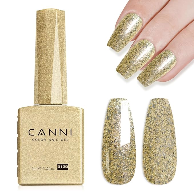 CANNI Gold Glitter Gel Polish – 9ML Chunky Sparkly Soak-Off UV/LED Nail Gel, Golden Flakes Finish for DIY Manicure, French Tips, or Salon Use