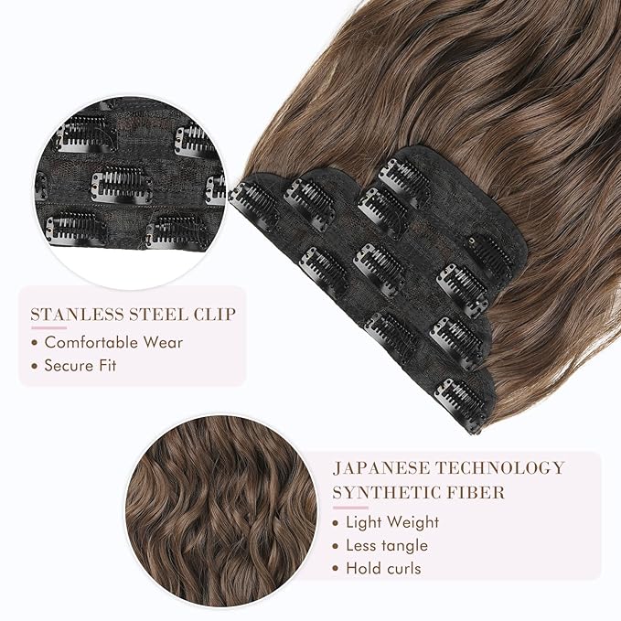 REECHO Hair Extensions, 4PCS Clip in Hair Extensions HE001 Natural Soft Synthetic Hairpieces for Women, Ginger Brown