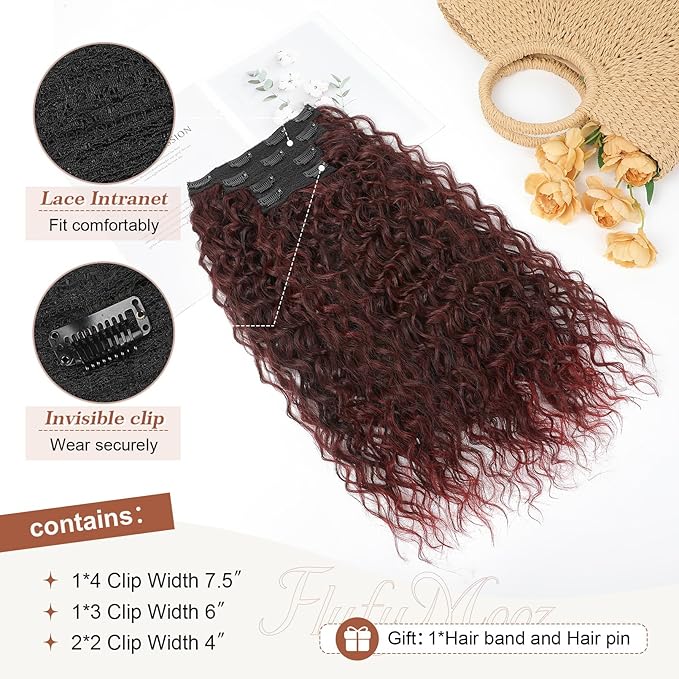 Clip in Hair Extensions, FLUFYMOOZ 4PC 100％ Pure Protein Silk Hair Extensions Long Soft Natural Hairpiece 20 Inch Curly Hair Extension for Women (Wine Red)