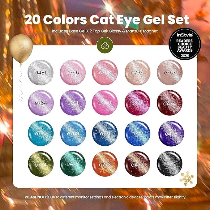 Beetles Cat Eye Gel Nail Polish Set - 20 Colors Christmas Glitter Red Green Blue Brown Black Cat Eye Magnetic Base Matte Glossy Top Coat Galaxy Gemlight Soak Off UV Manicure Salon Gift for Women