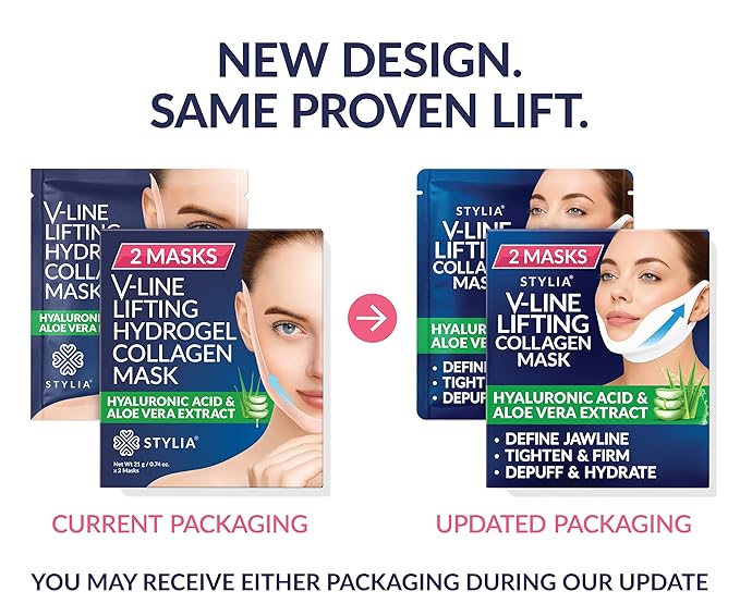 Stylia V Line Lifting Collagen Mask - Lift, Firm & Contour Jawline - Double Chin Reducer Strap with Hyaluronic Acid & Aloe - Neck Tightening and Lifting Mask - Jawline Shaper Face Lift Tape (2PC)