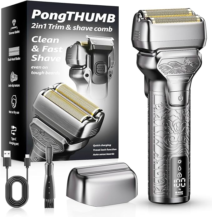 Electric Razor for Men Face: Rechargeable Foil Shaver with Push-Up Trimmer - Cordless Wet/Dry/Anti-Slip Waterproof Shavers with LED Display - Metal Handheld Design, Light Gray Upgraded