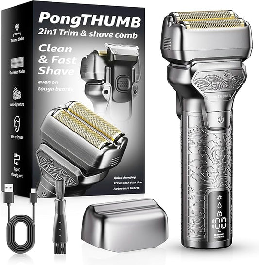 Electric Razor for Men Face: Rechargeable Foil Shaver with Push-Up Trimmer - Cordless Wet/Dry/Anti-Slip Waterproof Shavers with LED Display - Metal Handheld Design, Light Gray Upgraded