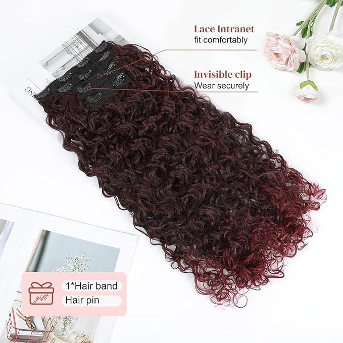 LONAI 4PC Clip in Hair Extensions, 100％ Pure Protein Silk Curly Hair Extension for Women, 26 Inch Long Soft Natural Hair Extensions-Wine Red