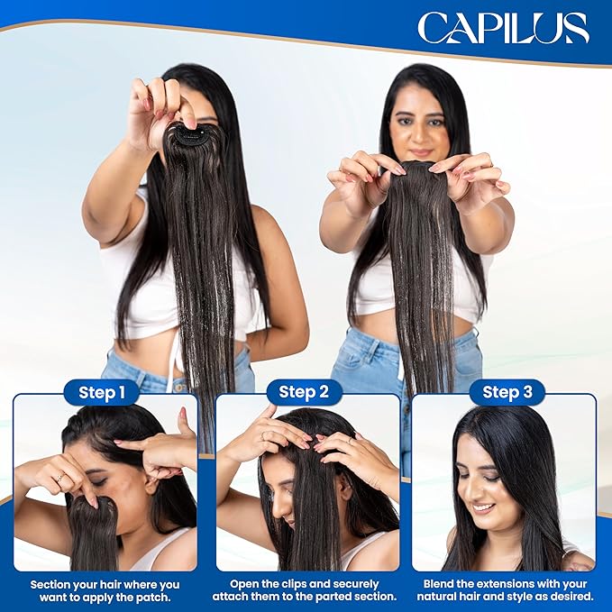 Capilus Invisible Hair Patch (Natural Black, 16 Inch 1 Pack) | 100% Indian Human Hair Extensions for Women & Girls | Natural-Looking Volumizer | Undetectable, Durable & Non-Damaging Clip Mechanism