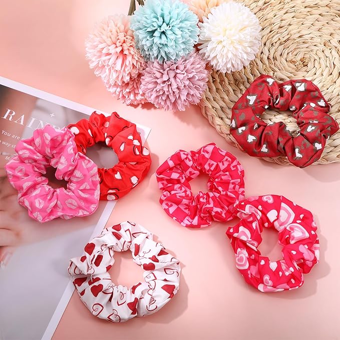 6 Pcs Valentines Scrunchies for Women Girls Heart Lip Print and Bow Pattern Elastics Hair Band Pink Valentines Day Accessories for Galentines Day Gifts