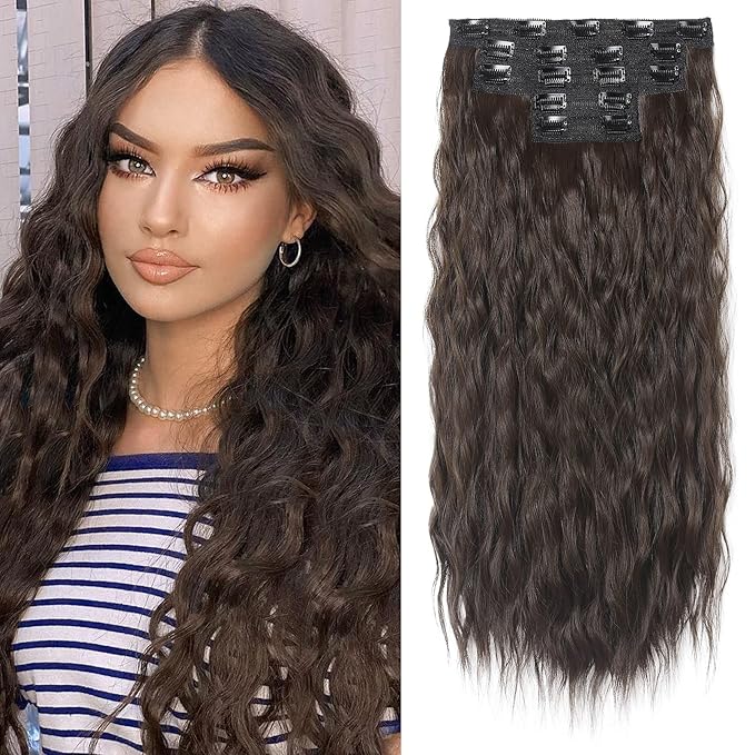 REECHO Clip in Hair Extensions, 5PCS Brown Hair Extensions 24" Thick Long Loose Waves hair extensions HE002 Invisible Lace Weft Natural Soft Hairpieces for Women – Dark Chocolate Brown