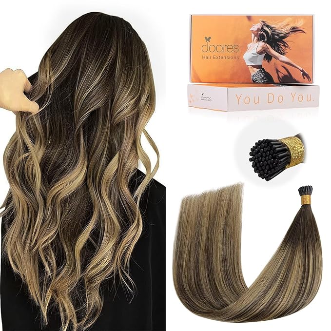 DOORES I Tip Hair Extensions, Balayage Chocolate Brown to Caramel Blonde 50g/50s 22 Inch, Remy Human Hair Extensions Itip Human Hair Extensions Cold Fusion Hair Extensions Straight Hair Extensions