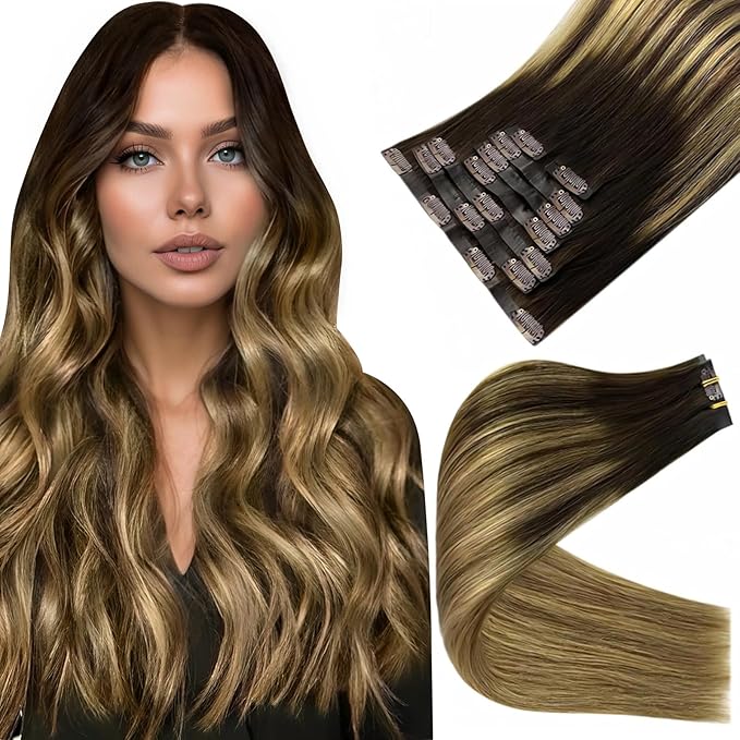 Full Shine Real Hair Extensions Clip in Human Hair 22 Inch Seamless Clip in Hair Extensions Dark Brown Balayage to Light Brown with Caramel Blonde Softness 8 PCS 120 G