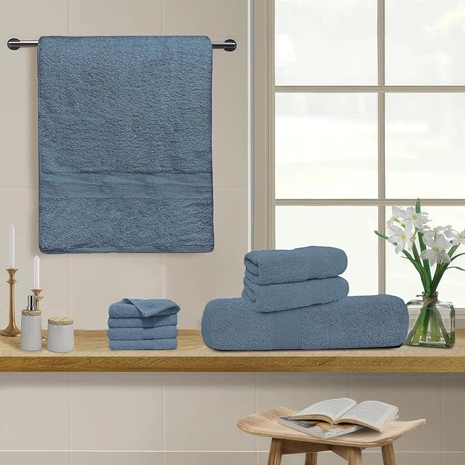 Softolle Luxury 8 Piece Towel Set, 2 Bath Towels 2 Hand Towels 4 Washcloths, 100% Cotton Towels for Bathroom, Home, Spa & Gym - Highly Absorbent Ultra Soft Quick-Dry (Slate Blue)