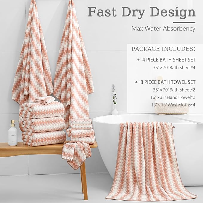 4 Piece Extra Large Bath Towel Set Oversized Bath Sheet 35"x70" Bathroom Towel Set Soft Highly Absorbent & Quick Dry Premium Bath Towel for Bathroom 600GSM Shower Towel Spa Gym Hotel,Peach