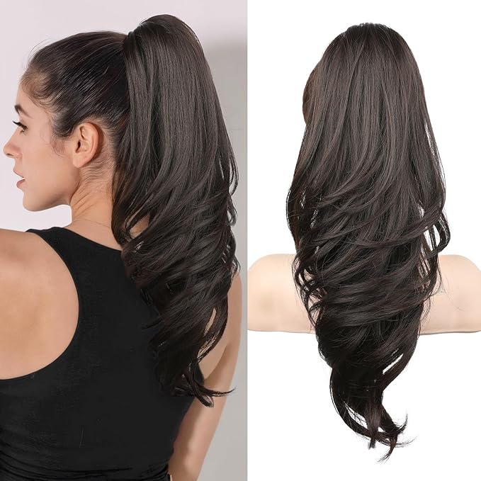 SEIKEA Ponytail Extension, 18" Wavy Claw Clip in Hair Extensions for Women, Lightweight Fluffy Synthetic Ponytail Hairpiece, Natural Soft & Easy to Wear, for Short & Medium Hair Black Brown
