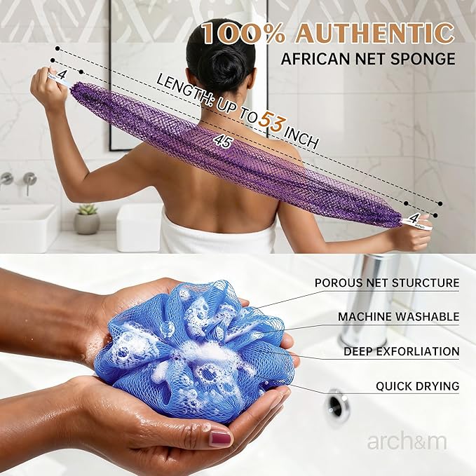 Authentic African Net Sponge Knots - Real African Bath Loofah Shower Sponges Afro Scrubber Body Exfoliating Washcloth Africa Bath Sponges for Back Scrub Shower Accessories Black + Champagne by ARCH&M