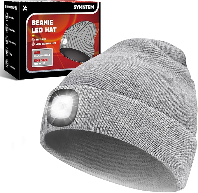 Unisex Beanie Hat with Light, Rechargeable Headlight Cap, Stocking Stuffers for Men, Cool Gadget Gifts for Him, Birthday Gifts for Women, Grey