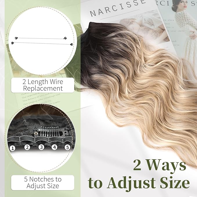 KooKaStyle Invisible Wire Hair Extensions with Transparent Headband Adjustable Size 4 Secure Clips Long Wavy Secret Wire Hairpiece Brown to Blonde mix Highlight 20 Inch for Women