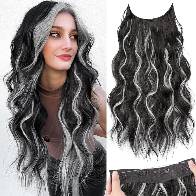 KooKaStyle Invisible Wire Hair Extensions with Transparent Headband Adjustable Size 4 Secure Clips Long Wavy Secret Wire Hairpiece 20 Inch for Women(Black with Smokey Silver)
