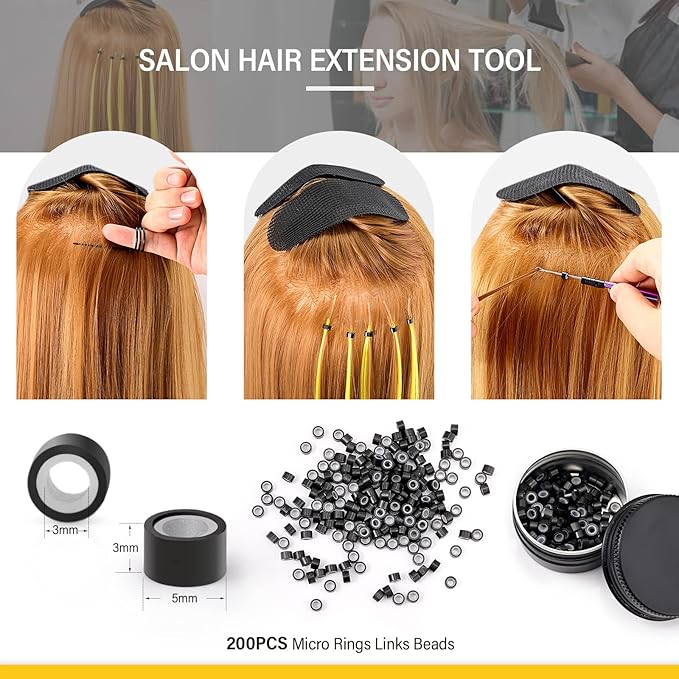 Gomake Microlinks Hair Extensions Kit, Hair Extension Closer and Removal Pliers, Micro Beads Pulling Hook & Microbead Loop Tool, Micro Links Silicone Rings Bead 200PCS(Rainbow)