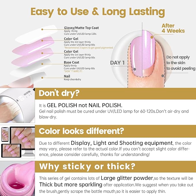 YTD Likomey Gel Nail Polish,15ml Pearlescent Light Pink Glitter Nails Gel,Fall Winter Pastel Pink Shimmer Shiny Sparkly Salon Home DIY Manicure UV Color Varnish,SF408