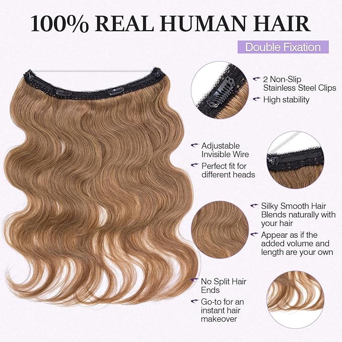 Halo Hair Extensions Real Human Hair,Halo Hair Extension 100% Human Hair,Wire Hair Extensions,Wavy 06 Light Brown 65g/16inch