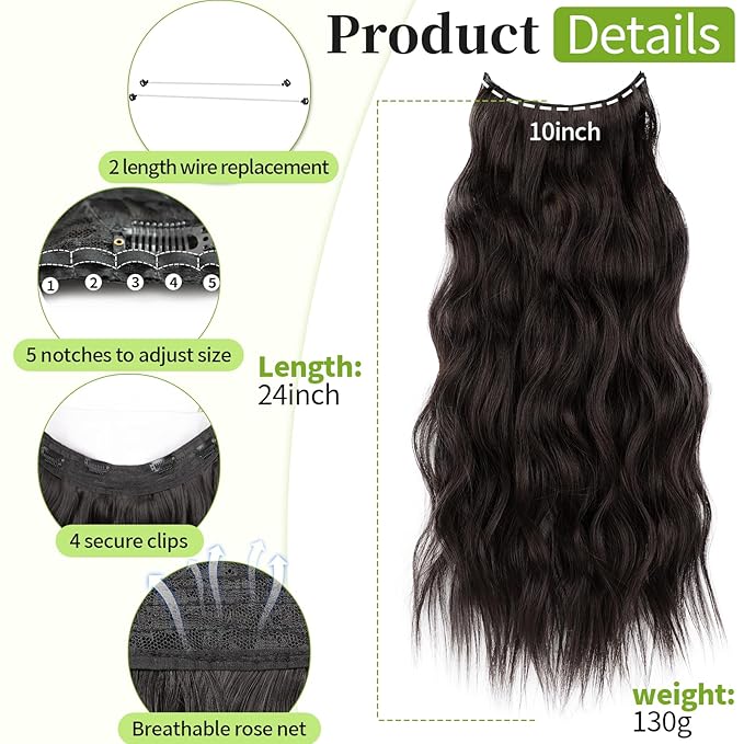 KooKaStyle Invisible Wire Hair Extensions with Transparent Wire Headband Adjustable Size 4 Secure Clips Long Wavy Synthetic Hairpiece for Women (24 Inch Rich Dark Brown with Warm Tones/6#)