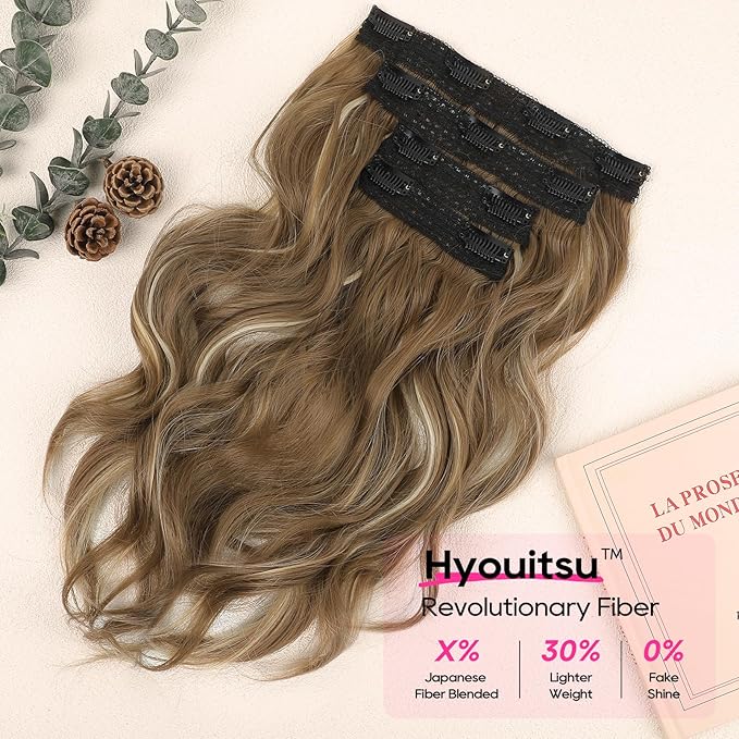 REECHO Hair Extensions, 4PCS Clip in Hair Extensions 14" Short Beach Wavy Invisible Lace Weft Natural Soft Hairpieces for Women – Dark Ash Brown with Highlights