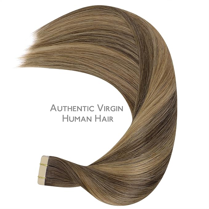 WENNALIFE Tape in Hair Extensions - Human Hair Balayage Chocolate Brown to Caramel Blonde, 10pcs 25g 14 inch Remy Invisible Tape Ins Straight Soft Real Human Hair
