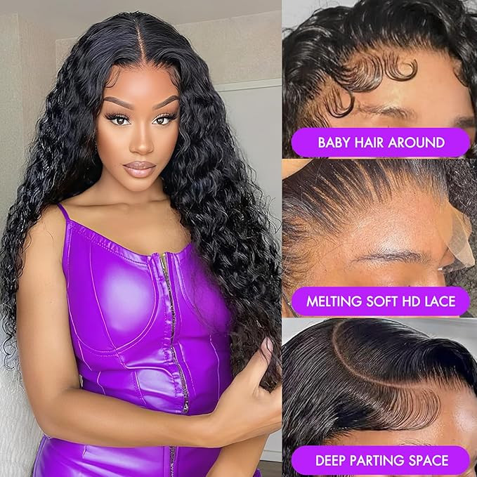 20 Inch Deep Wave Lace Front Wigs Human Hair 200 Density 13x6 HD Lace Front Wigs Human Hair Pre Plucked Natural Color Deep Curly Glueless Wig for Women