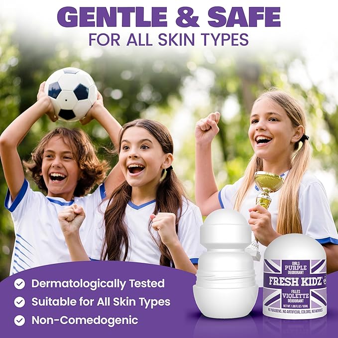 Fresh Kidz Roll On Deodorant for Kids and Teens - Baking Soda and Aluminum-free 24 Hour Protection for Sensitive Skin - Girls "Purple" 1.86 fl.oz. (3 Pack)