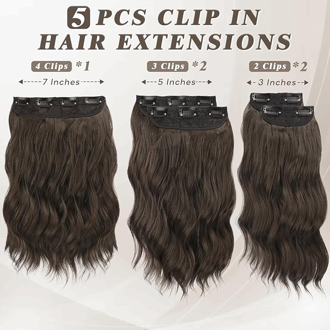 BARSDAR Wavy Chocolate Brown Clip in Hair Extensions - 14 Inch Short Wavy Clip in Hair Extensions for Women - 5PCs Thick Soft Synthetic Voluminous Easy Wear Brown Hairpieces Daily Party