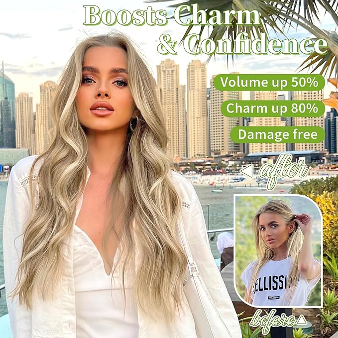 KooKaStyle Invisible Wire Hair Extensions with Transparent Wire Adjustable Size 4 Secure Clips Long Wavy Secret Hairpiece (24 Inch,Dark Ash Blonde mix Light Blonde Highlights)
