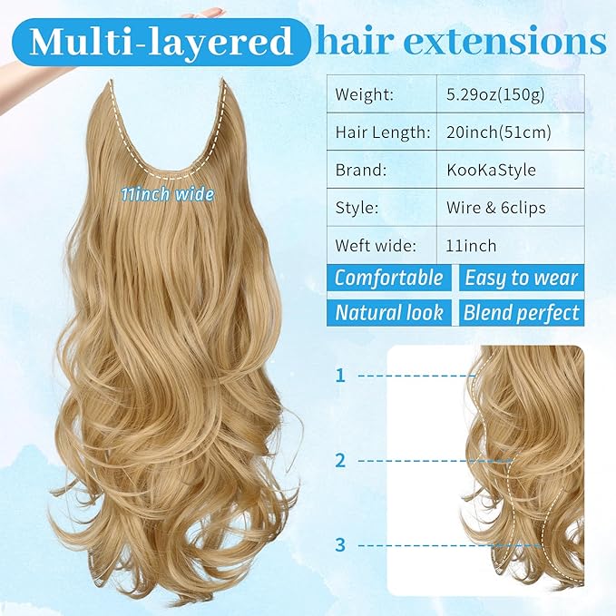 KooKaStyle Invisible Wire Hair Extensions 20"Long Wavy Layered Synthetic Clip in with Adjustable Size 6 Secure Clips Golden Blonde Natural Soft Thick Hairpieces for Women 20 Inch