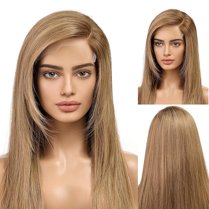 KKU 18 Inch Brown and Gold Ombre Human Hair Wigs for Women,Layered Straight Hair Wig with Bangs,Wear Natural Realism