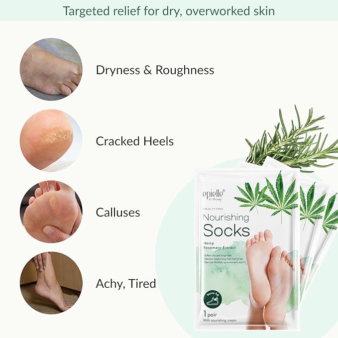 Epielle Nourishing Foot Mask 6 Pairs, Repair and Soften with Hemp & Rosemary Extract, Deep Moisturizing Socks for Dry, Cracked Feet, Self Care Gifts for Women, Spa Kit, Stocking Stuffers