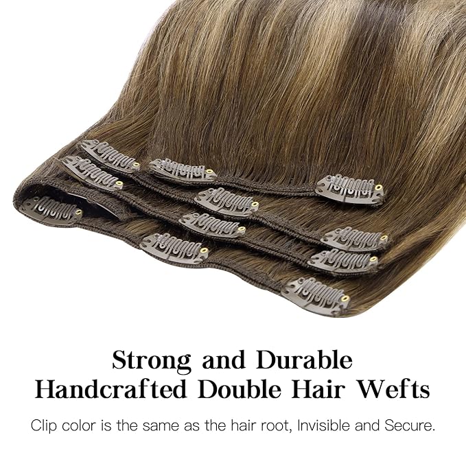 HOTBANANA Human Hair Clip in Hair Extensions, Balayage Chocolate Brown with Honey Blonde 75g Clip in Hair Extensions Real Human Hair Straight Remy Hair Clip Ins Dark Roots Ombre 12 Inch 7pcs